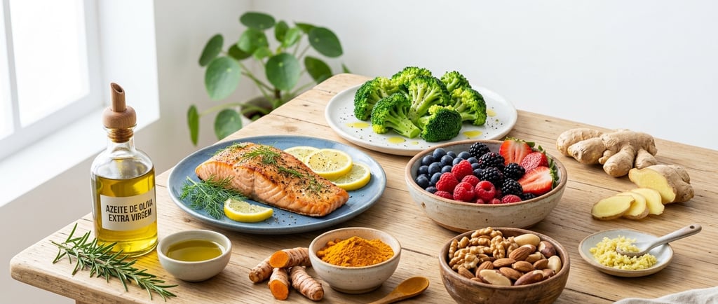 Alimentos anti-inflamatórios como salmão, frutas vermelhas, cúrcuma e azeite de oliva
