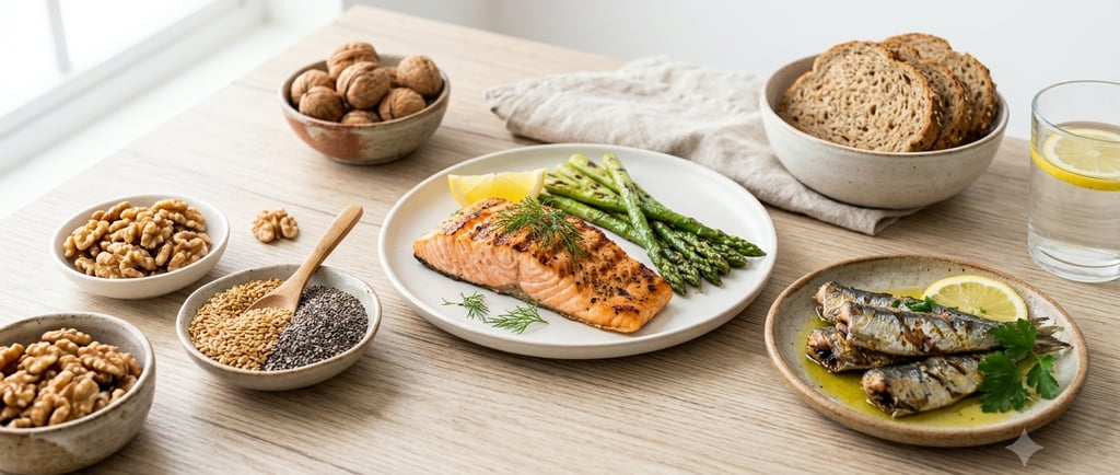 Alimentos ricos em ômega-3 como salmão, sardinha, nozes e sementes