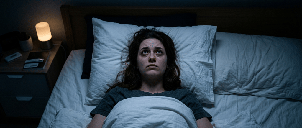 Mulher com insônia deitada na cama com olhos abertos olhando para o teto