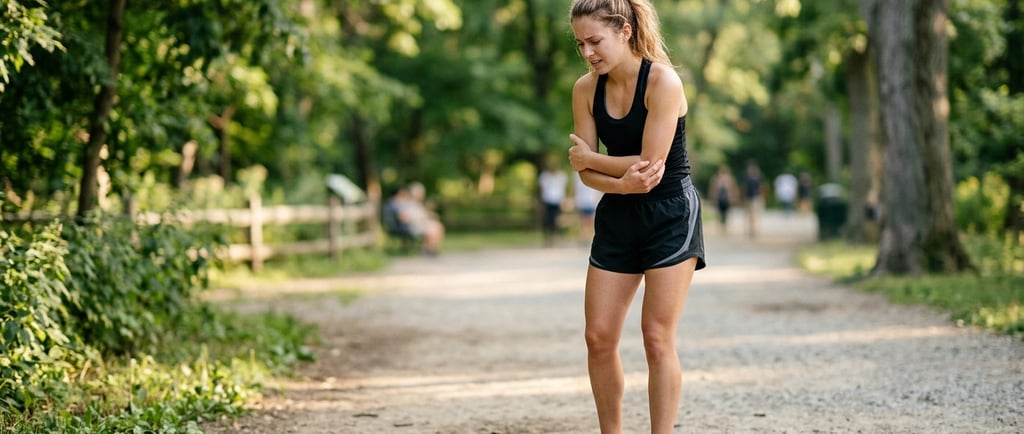 Mulher segurando o cotovelo com dor de tendinite durante exercício