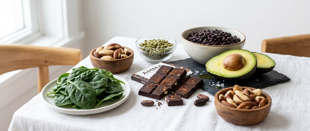 Alimentos ricos em magnésio: espinafre, castanhas, sementes e chocolate amargo