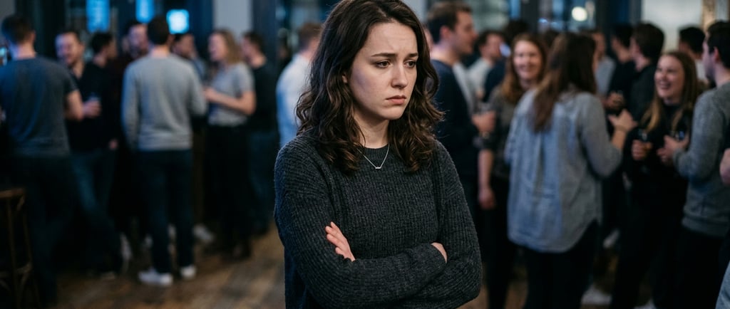 Mulher com expressão tensa em situação social sentindo ansiedade