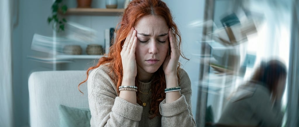 Mulher com pensamentos acelerados e expressão de sobrecarga mental com mãos nas têmporas