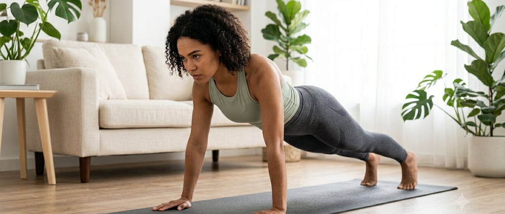 Mulher fazendo flexão de braço durante treino em casa sem equipamentos