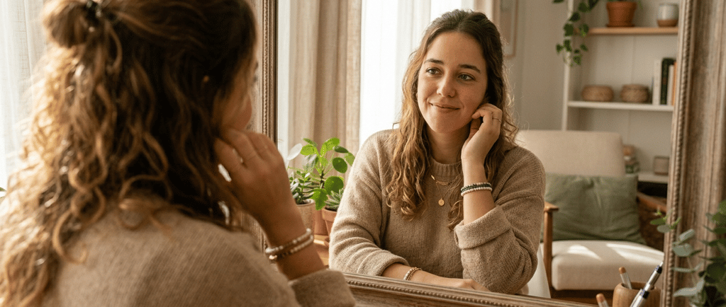 Mulher olhando para si mesma no espelho com expressão de autoconfiança e aceitação