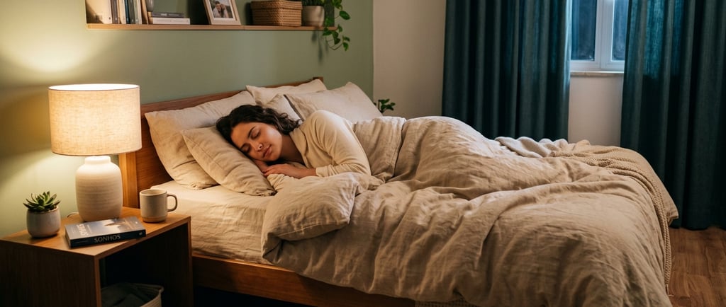 Pessoa dormindo em ambiente calmo e confortável, representando sono de qualidade e descanso reparado