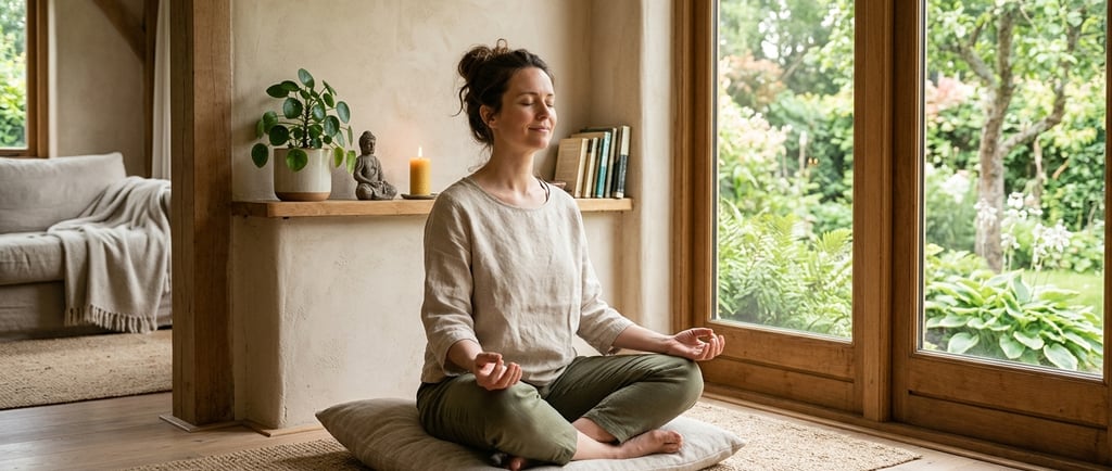 Pessoa praticando respiração consciente em ambiente tranquilo para aliviar sintomas de ansiedade e p