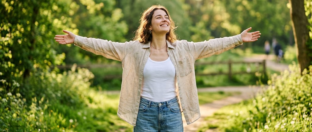 Mulher aproveitando o sol da manhã para absorver vitamina D ao ar livre