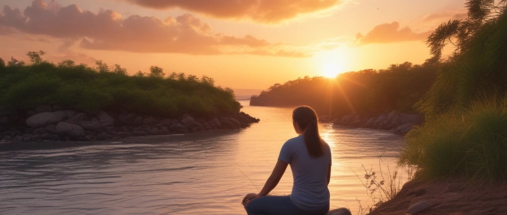 A woman sitting at the edge of a wide stream as the sun sets meditating