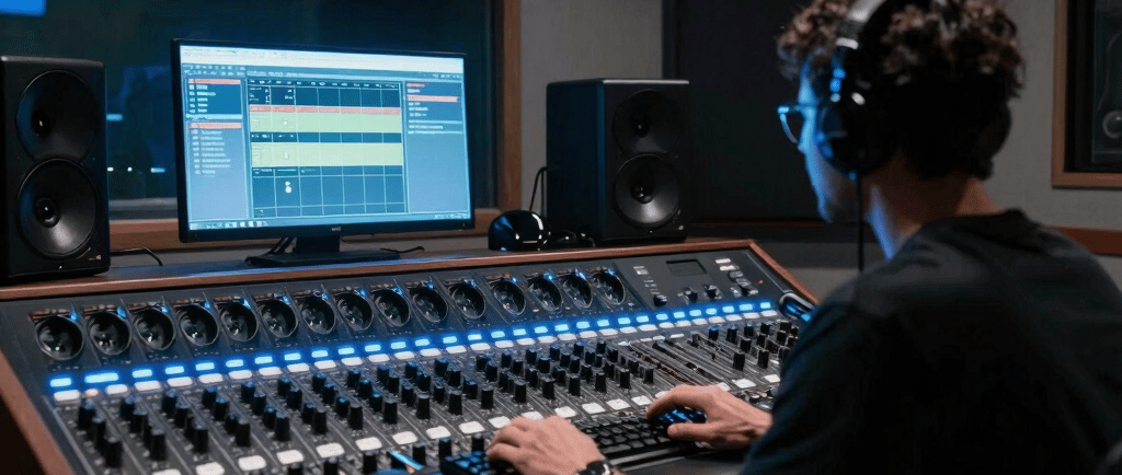Musician playing drums and bass guitar in studio