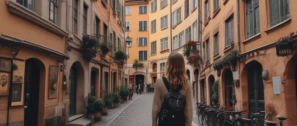 A serene solo female traveler sitting on a quiet beach at sunset, journal in hand.