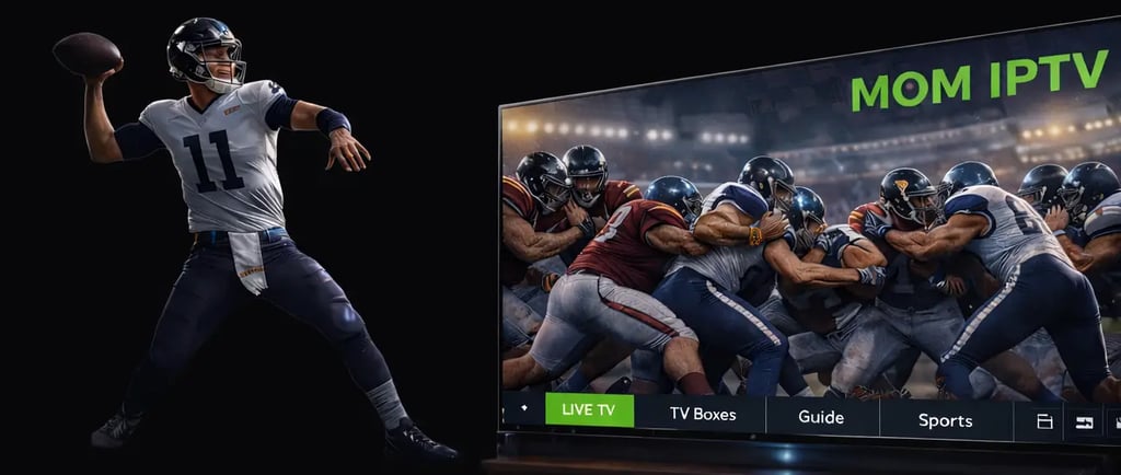 DROGON TV service streaming a live American football game on a modern widescreen TV display.