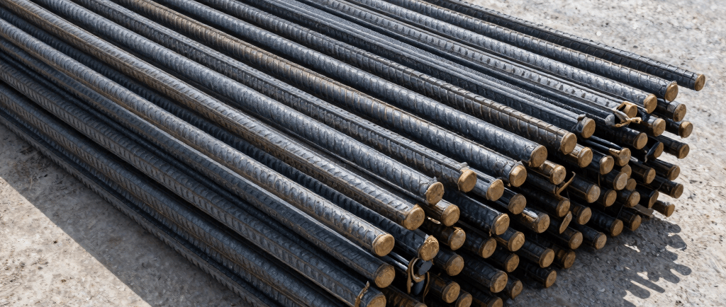 Rusted rebar is stacked horizontally.