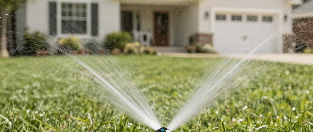 sprinklers spraying water on a field of crops