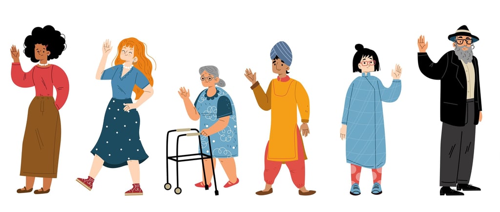 Diverse group of multicultural people waving hello, showcasing community and social inclusion.
