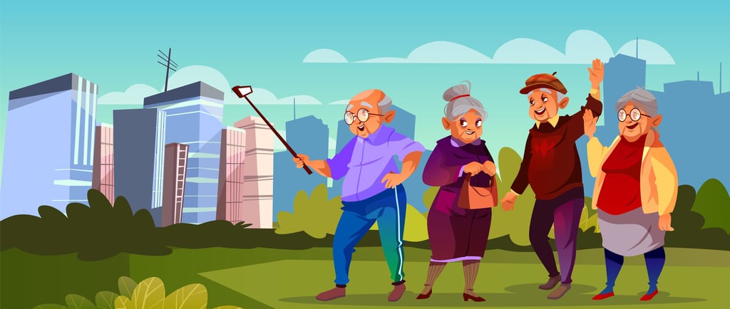 Cheerful cartoon seniors taking a selfie in a city park with skyscrapers in the background.