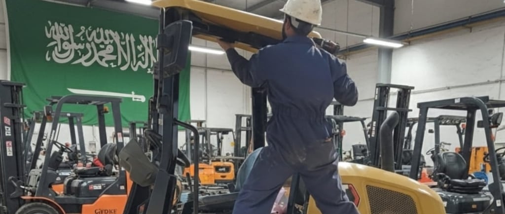 A technician in a hard hat performs forklift maintenance in a Saudi Arabian warehouse facility.