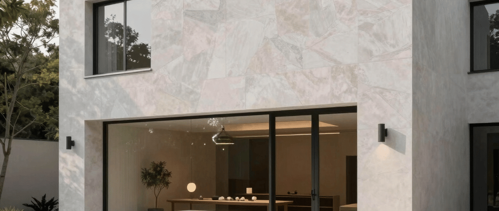 A close-up of a sleek matte black marble slab with subtle gold veins, illuminated softly to highlight its luxurious texture.