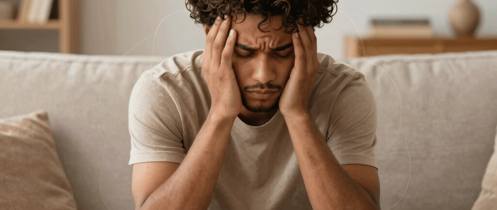 Homem brasileiro com mãos na cabeça expressando ansiedade e angústia, representando comorbidades de TDAH com ansiedade e depressão