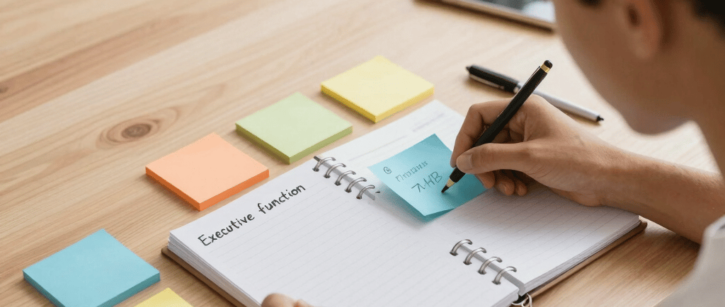 Pessoa com TDAH organizando tarefas com post-its coloridos e planner para superar disfunção executiva