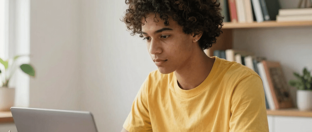 Jovem com TDAH em estado de hiperfoco trabalhando no laptop em home office