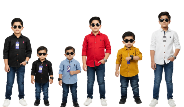 Group of boys wearing colorful premium chambray casual shirts with sunglasses.