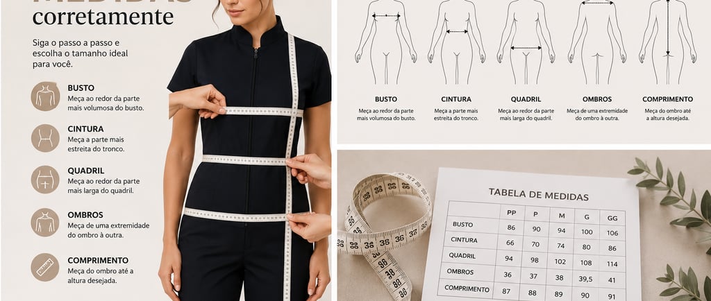 Infográfico mostrando como tirar medidas corporais para um guia de tamanhos,.
