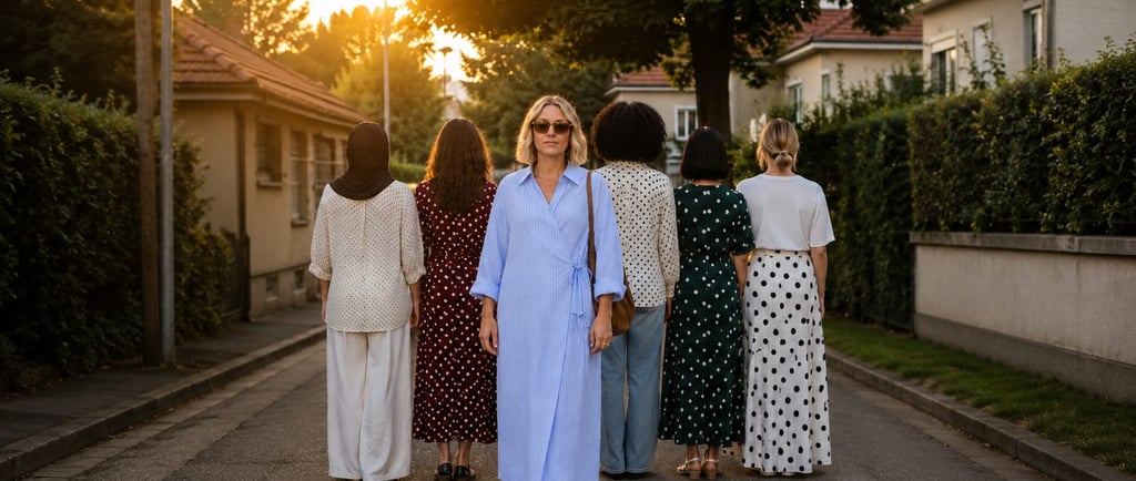 Robe oversize femme cache-cœur bleue à rayures BEWOOMAN portée en ville, coupe ample toutes silhouettes