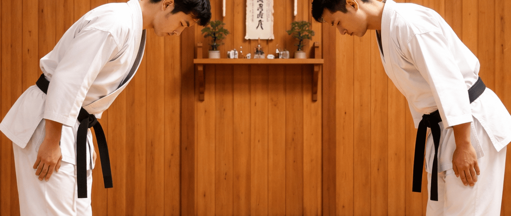 Dois homens fazendo a saudação do karatê
