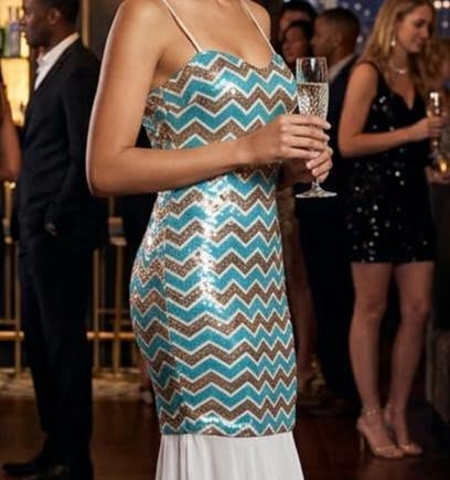 Elegant woman in a sequined blue and gold chevron mermaid gown holding a champagne glass at a gala.