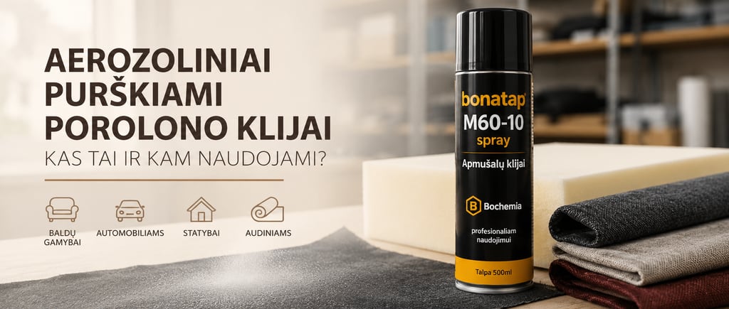 Aerozoliniai purškiami porolono klijai baldų gamybai, audiniams, porolonui ir apmušimo darbams