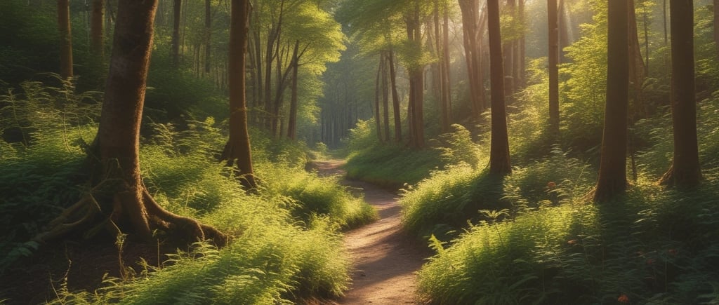 Sunlight streaming through tall trees over a dirt path in a lush green forest with ferns.