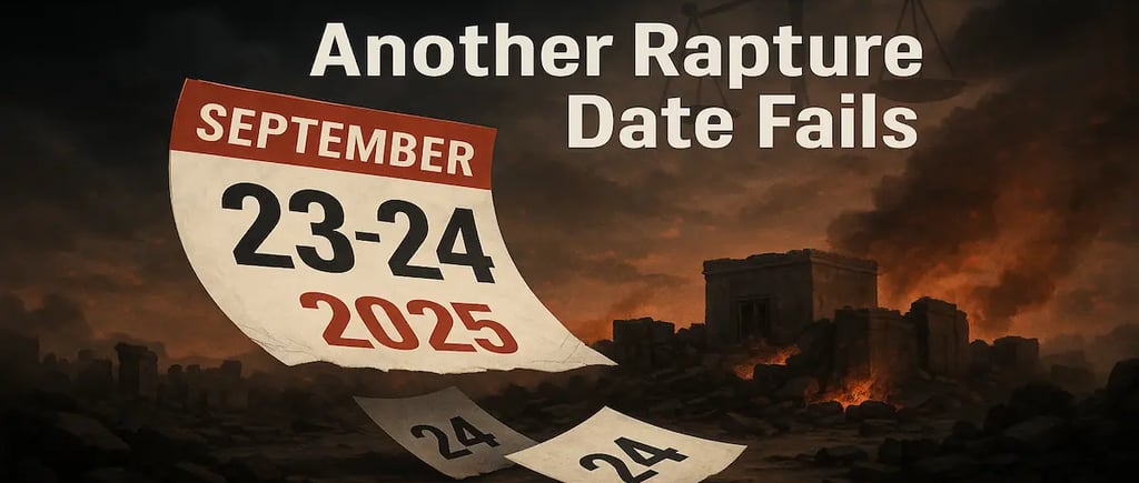 Calendar of September 23-24, 2025 falling into ruins of Jerusalem Temple, symbol of failed rapture date prophecy.