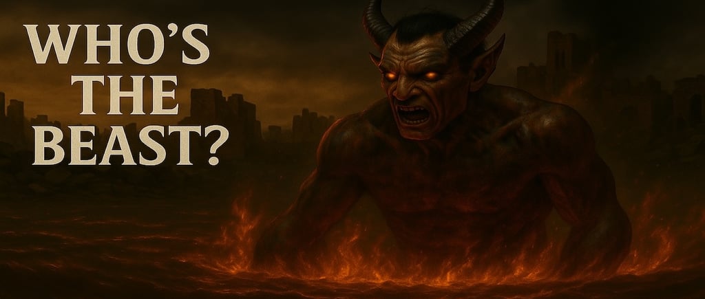 Who's the Beast of Revelation? Illustration of horned beast rising from fire, ancient ruins, 666, Rome, Nero, Bible prophecy