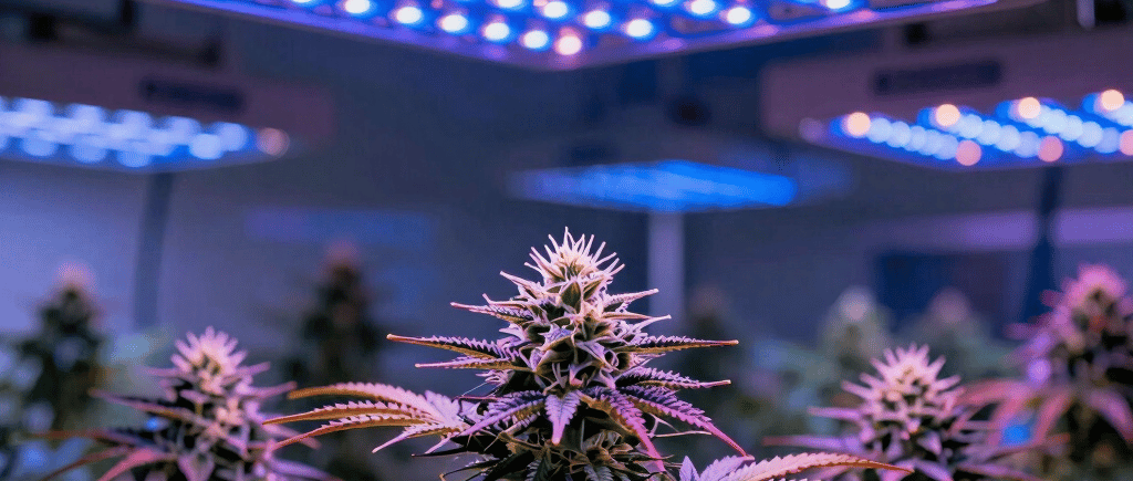 Close-up of vibrant cannabis leaves glowing under yenjie light's full-spectrum LED in a dense indoor grow room.