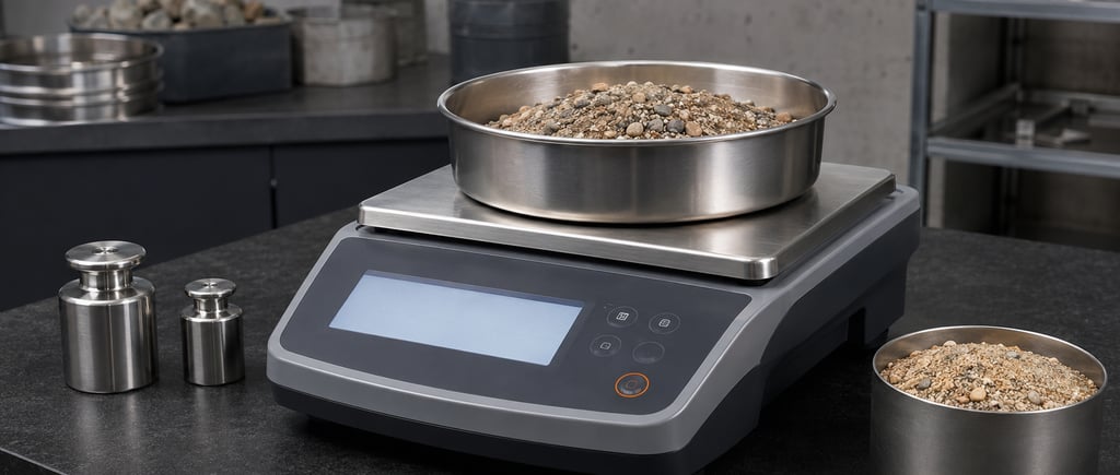 Balanza digital de laboratorio pesando una muestra de agregado en un recipiente metálico.