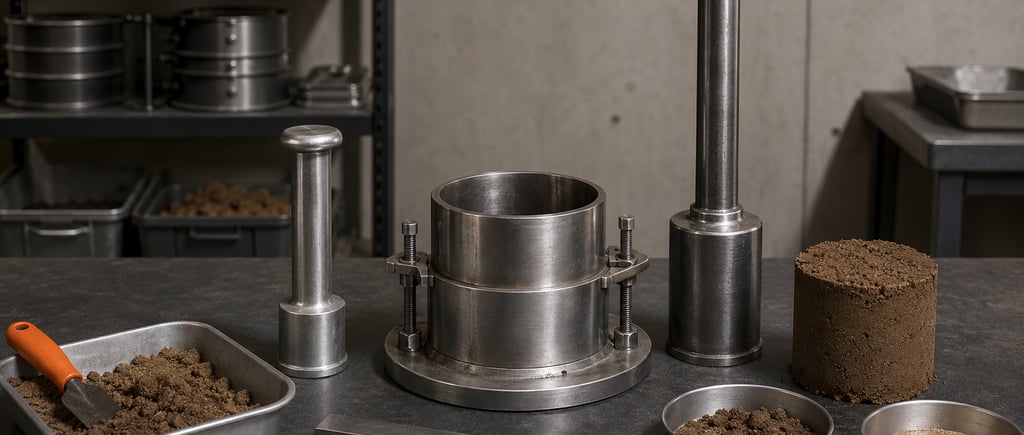 Molde, pisón y muestra de suelo preparados para un ensayo de compactación Proctor en laboratorio.