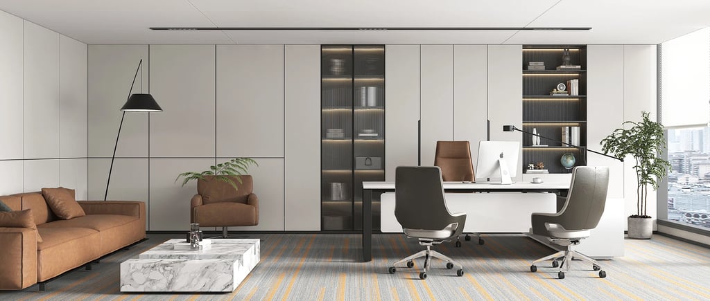 Modern Dubai Marina office interior with skyline view and sleek furniture