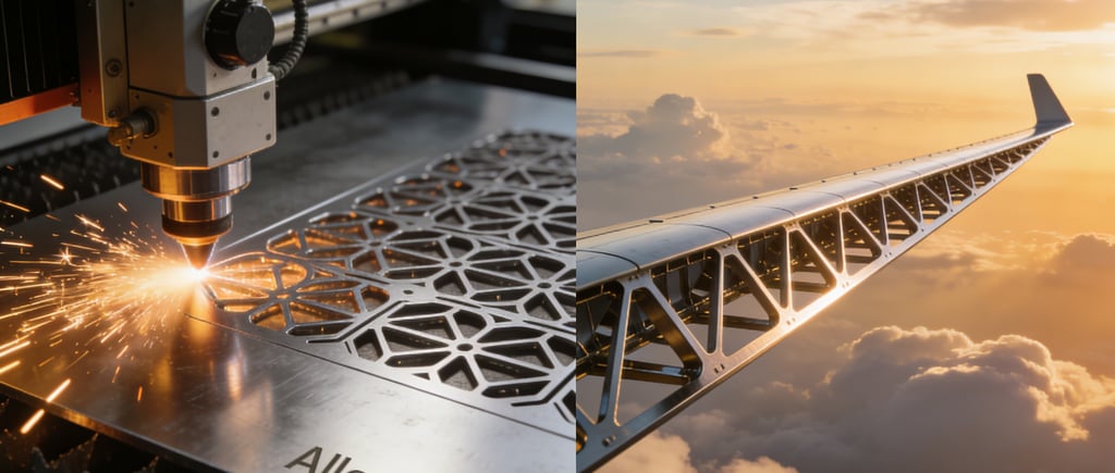 Industrial CNC laser cutting Alloy 6061 metal for a lightweight aerospace airplane wing component.