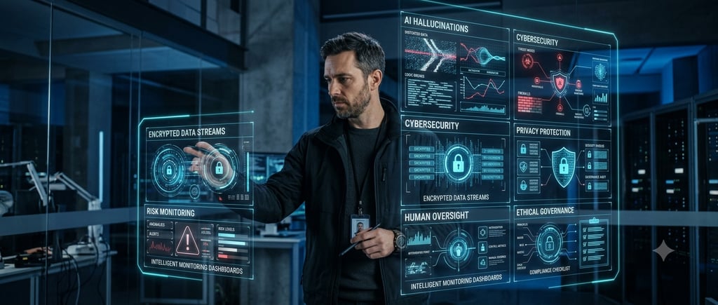 A cybersecurity professional monitors encrypted data and AI hallucinations on a futuristic digital dashboard.