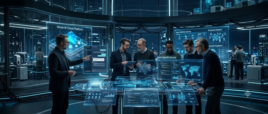 A team of engineers collaborating on Azure AI Cloud Platform interfaces and OpenAI Service data in a futuristic control room.