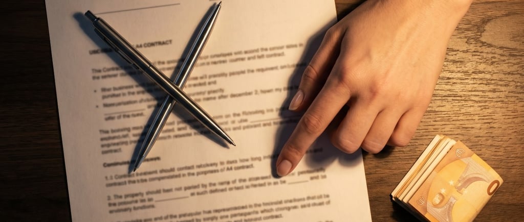 Contrato de arras junto a mano señalando y con dinero al lado