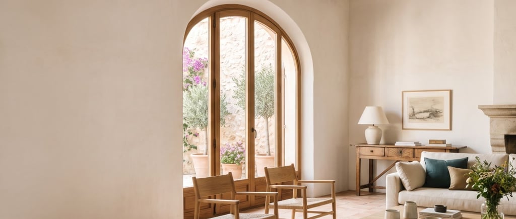 Salón sobrio y luminoso de una vivienda bien conservada, con luz natural entrando por un gran ventanal