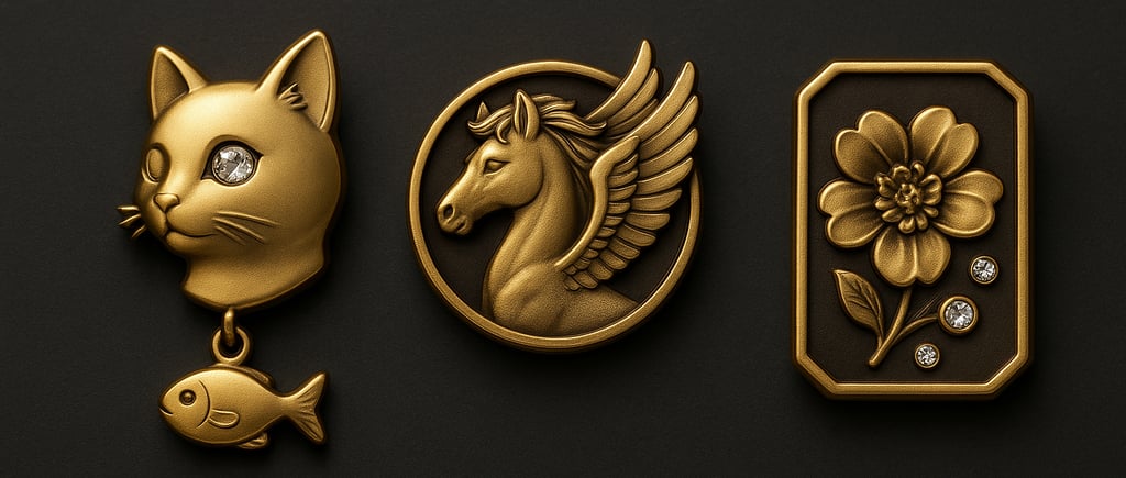 a collection of gold - plated jewelry with a cat