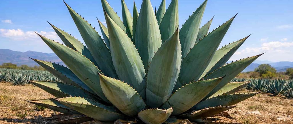 Planta de agave maduro en campo abierto, bajo el sol, mostrando sus hojas gruesas y pencas.