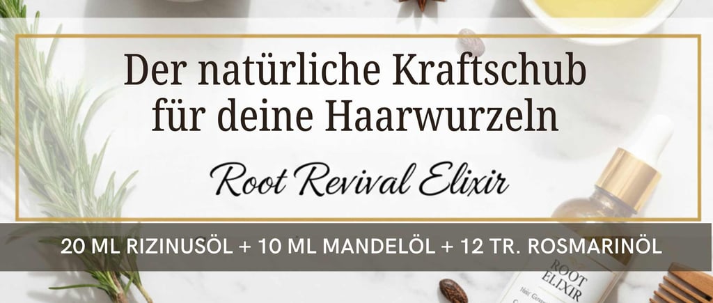 Rizinusöl und Rosmarinöl für natürliches Haarwachstum und Kräftigung der Haarwurzeln.