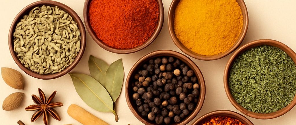 a variety of spices and spices in bowls with spices and spices