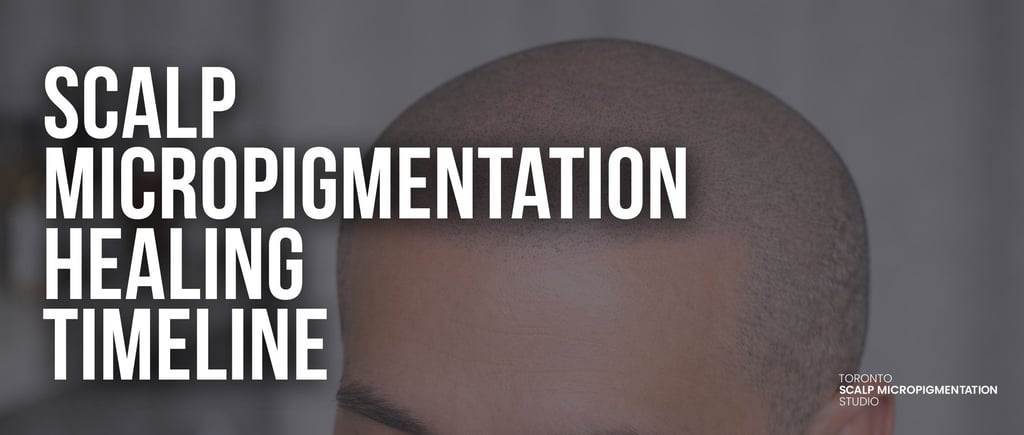 Close-up of scalp micropigmentation results on a shaved head showing the healing timeline and hair tattoo density.