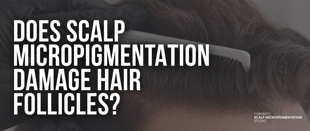 Scalp micropigmentation treatment on thinning hair follicles with a comb and gloved hand.