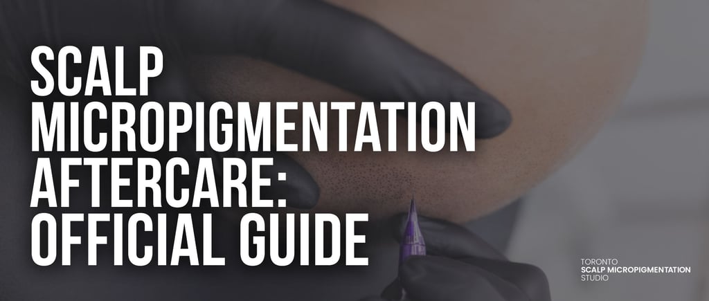 Professional scalp micropigmentation aftercare guide showing a close-up SMP tattoo procedure.